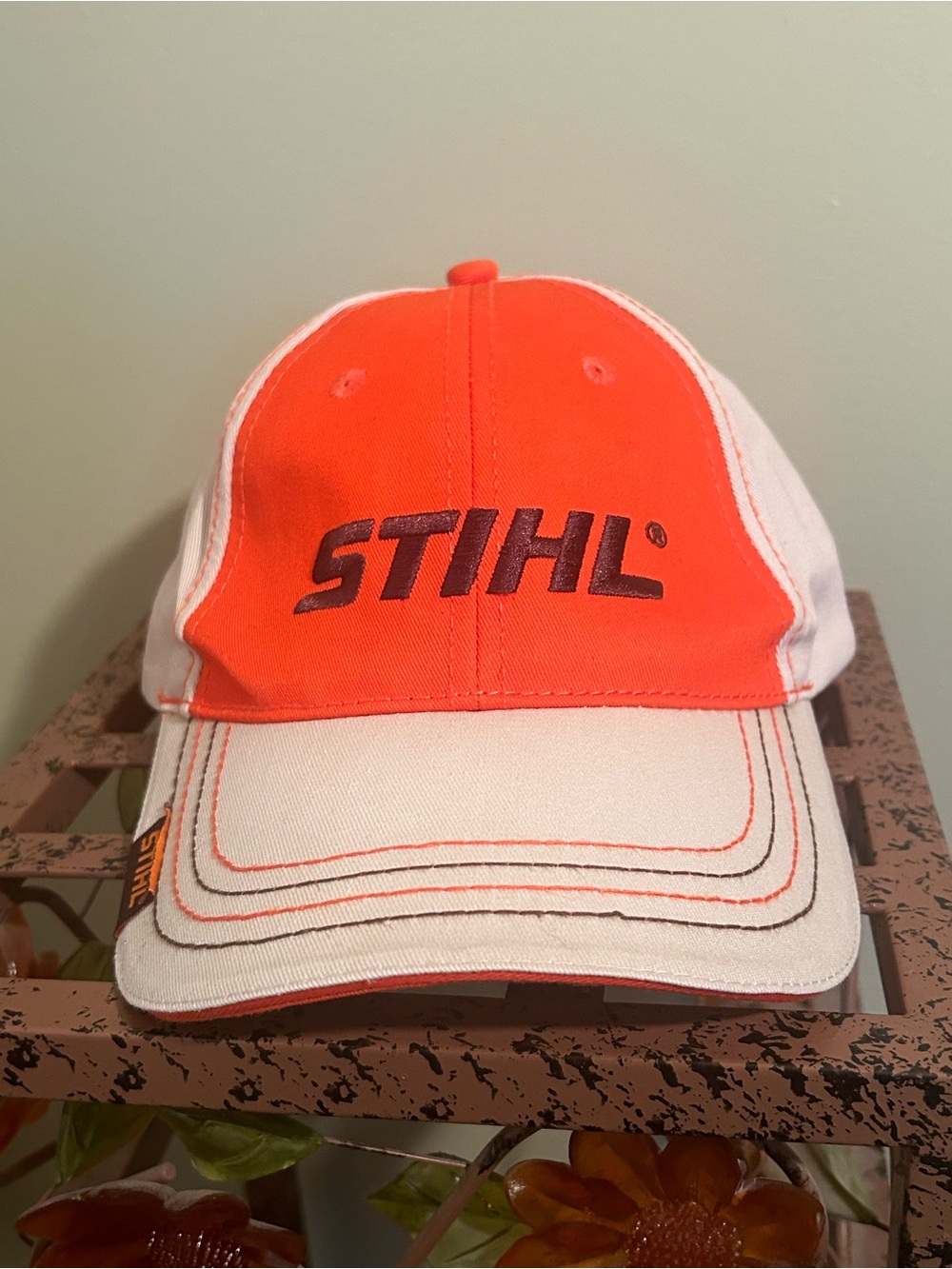 STIHL Outfitters Baseball Cap Hat Orange Beige Contrast Stitch Adjustable